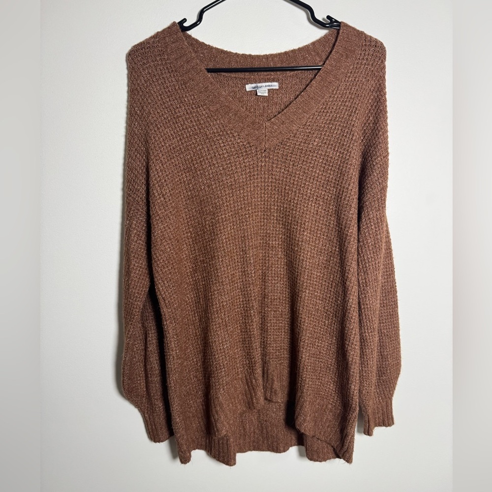 American Eagle Waffle Knit Sweater Brown V Neck Cozy Womens XS/S